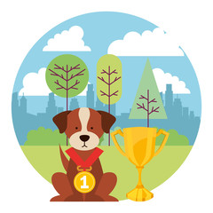 dog puppy mascot with medal and trophy in landscape
