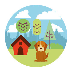 Obraz na płótnie Canvas dog puppy mascot with pet house in landscape isolated icon
