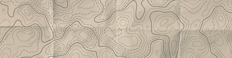 Topographic line map. Abstract topographic map horizontal banner. Aged paper effect. Vector background.