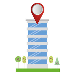 building structure with pin location and trees plants
