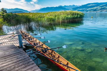 Rowing (crew) on the shores of the Upper Zurich Lake, Rapperswil-Jona, Sankt Gallen, Switzerland
