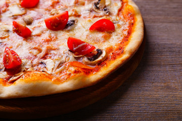 Food background, Italian pizza close up with free space. Traditional recipe, delivery, restaurant, pizzeria menu concept