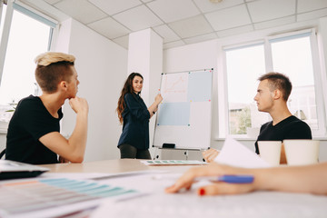 Fototapeta premium brainstorming, generating ideas, discussing and concentration. goals visualization. designers team at meeting at studio