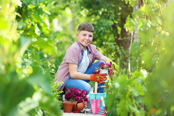 Young boy with flowers and tools in the garden