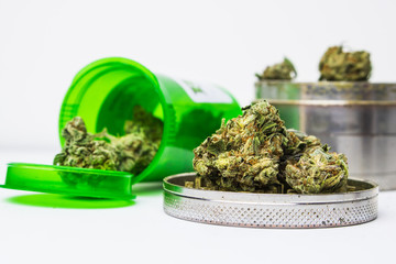 Marijuana buds up close on grinder against white background