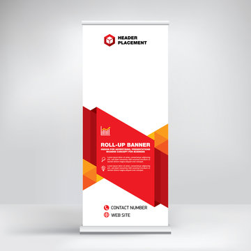 Modern design of roll-up advertising stand, banner template for the exhibition, creative geometric background for photo and text placement.