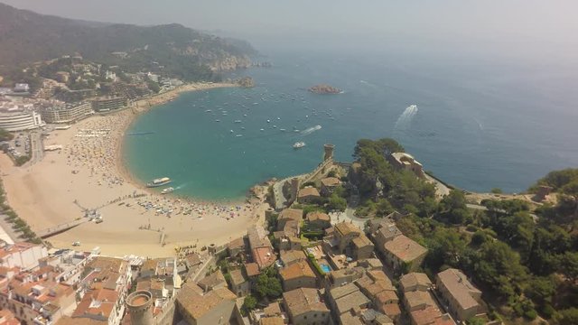 Aerial view of Mediterranean town Tossa De Mar, Costa Brava, Spain, raw, 4K