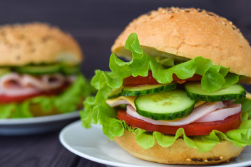 ham, cheese and vegetable sandwich close-up on dark wooden background