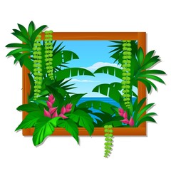 Wall decor in wooden frame with tropical trees and sea and blue sky in the background. Idea of interior in organic nature style isolated on white background. Vector cartoon close-up illustration.
