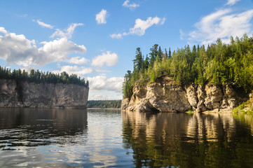 Naklejka premium Virgin Komi forests, scenic cliffs on the taiga river Shchugor.