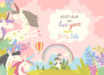 Cute magic unicorns and castle © Maria Starus