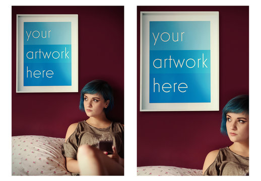 Picture Frame on a Bedroom Wall Mockup