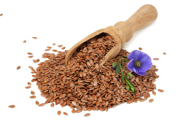 flax seeds in wooden spoon with flower isolated on white background. flaxseed or linseed. Cereals
