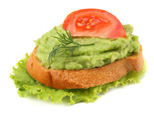 sandwich with avocado cream isolated on white background. Healthy food