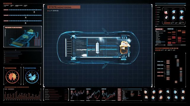 Charging Electronic, hybrid, lithium ion battery echo car in Digital futuristic display interface. top view, eco-friendly future car. 4k movie.2.