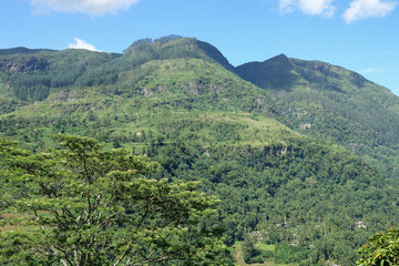 Fototapeta na wymiar Mountain landscape in a green valley with the villages. View of Kotmale Reservoir, Sri Lanka.