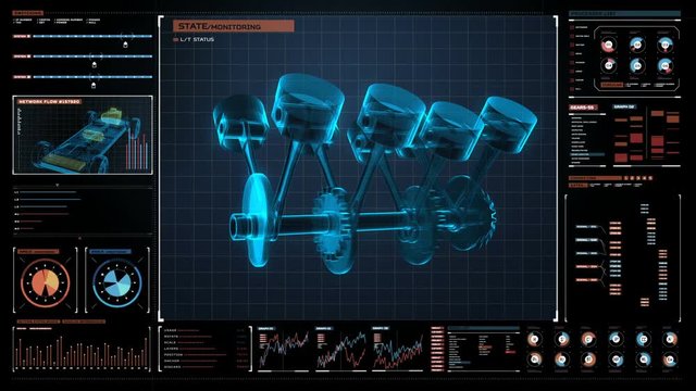 Rotating engine piston valve, Electronic, hybrid car in Digital futuristic display interface. 4k movie.2.