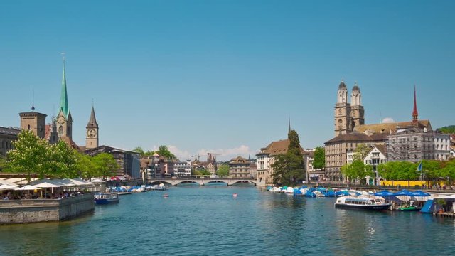 zurich city sunny day river yacht dock panorama 4k timelapse switzerland
