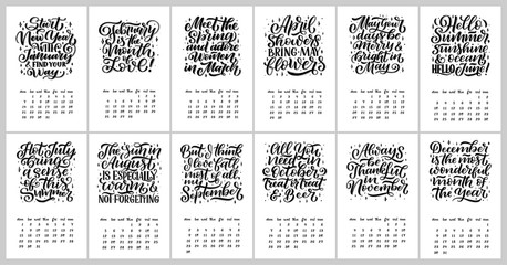 Vector calendar for months 2 0 1 9. Hand drawn lettering quotes for calendar design. Hand drawn style
