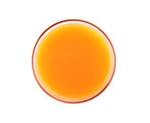 Glass with fresh carrot juice on white background