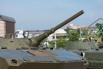 Fototapeta na wymiar Gun tank close-up. Military equipment.