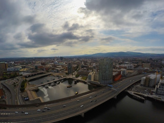 aerial view of road, bridge and buildings in Belfast northern Ireland. View on City from above 