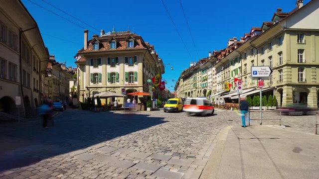 sunny day bern city center traffic street and square panorama 4k timelapse switzerland
