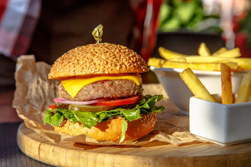 Burger with cheese, tomatoes, cucumbers, onions and fries is on the Board.