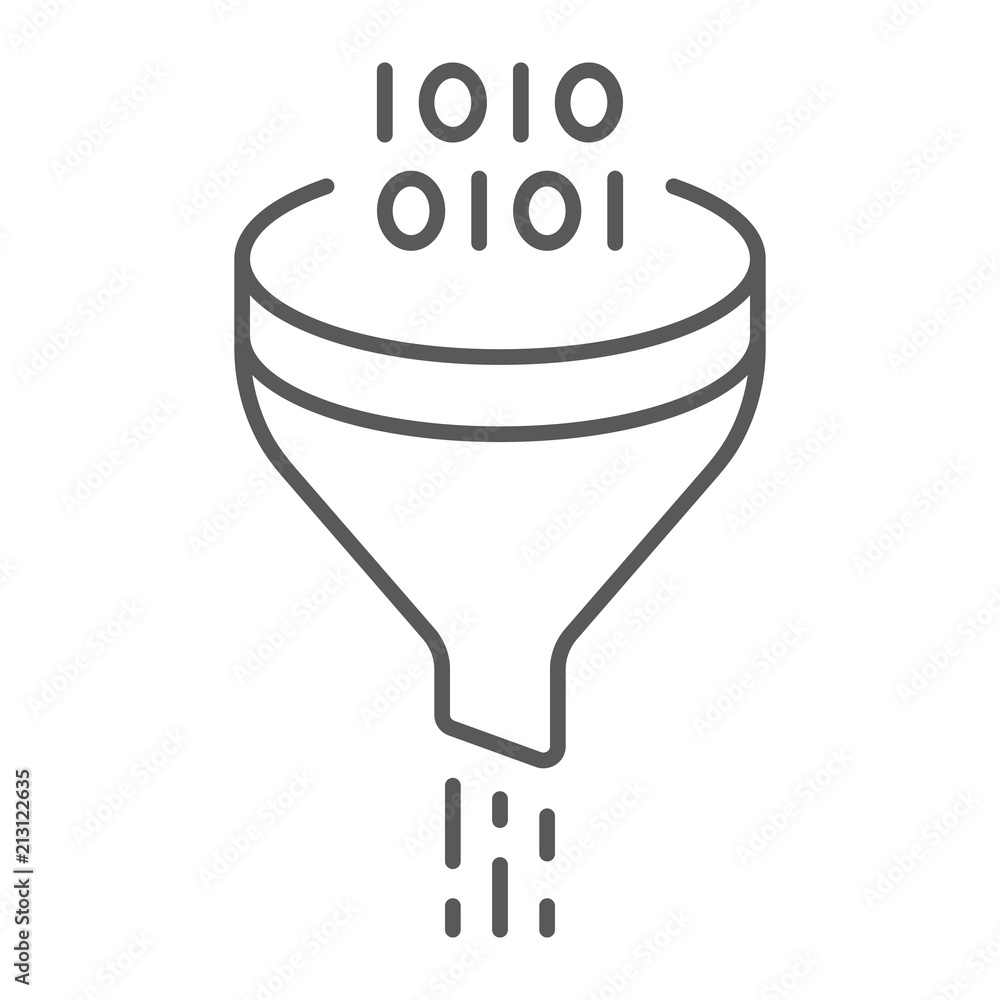 Aufkleber data filter thin line icon, data and analytics, funnel sign, vector graphics, a linear pattern on a 