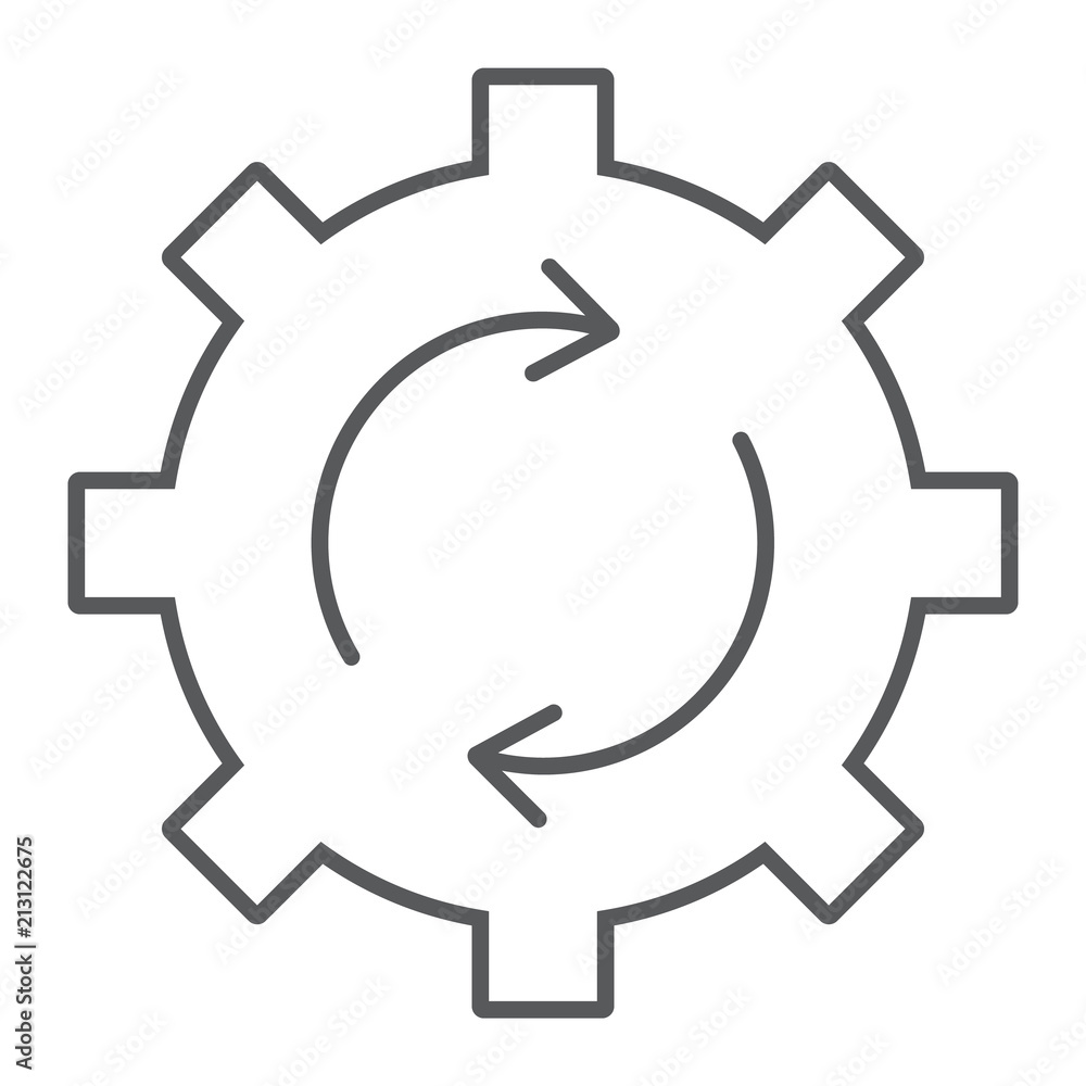 Poster system update thin line icon, data and analytics, cog gear rotation sign, vector graphics, a linear 