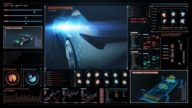 Rotating Electronic, hybrid, charging lithium ion battery echo car in Digital futuristic display interface. eco-friendly future car. 4k movie.1.