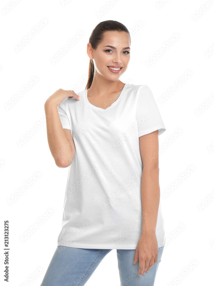 Canvas Prints Young woman in t-shirt on white background. Mockup for design