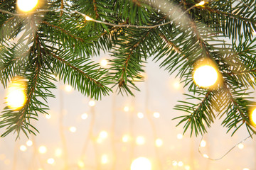 Fototapeta na wymiar Fir tree branches on blurred Christmas lights background