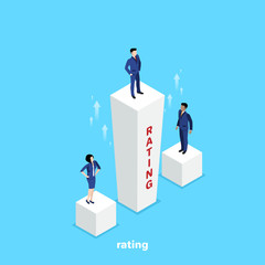 people in business suits stand on columns of a rating of different heights, an isometric image