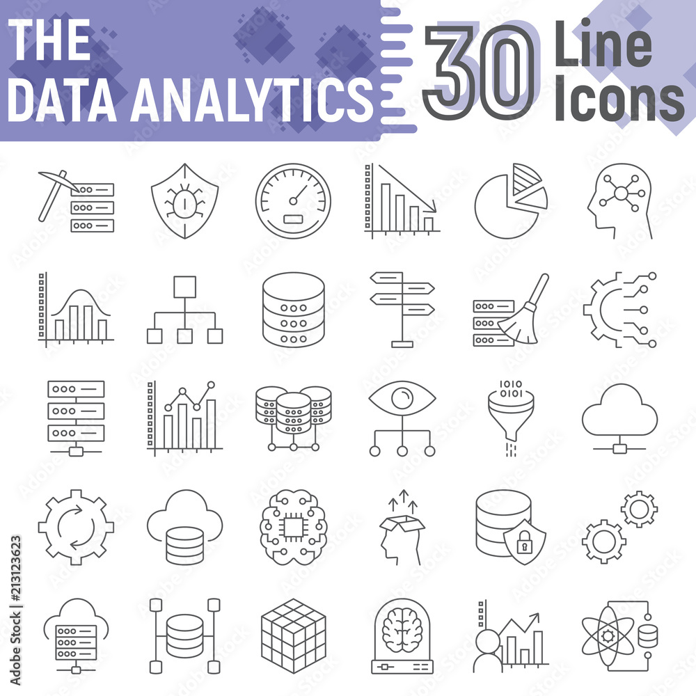 Poster data analytics thin line icon set, database symbols collection, vector sketches, logo illustrations,