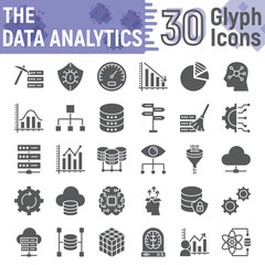Obraz na płótnie Canvas Data analytics glyph icon set, database symbols collection, vector sketches, logo illustrations, web hosting signs solid pictograms package isolated on white background, eps 10.