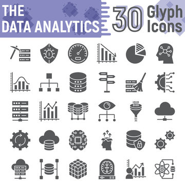 Data analytics glyph icon set, database symbols collection, vector sketches, logo illustrations, web hosting signs solid pictograms package isolated on white background, eps 10.