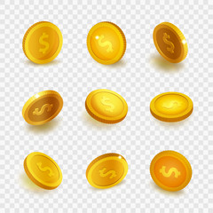 Stock vector illustration realistic set gold coins Isolated on transparent checkered background. Golden coin EPS10