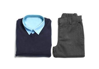 School uniform for boy on white background, top view