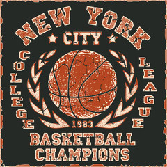 New York Basketball Team t-shirt graphics, american College Championship grunge Emblem, Basket Ball with laurel wreath Sport Athletics typography stamp.