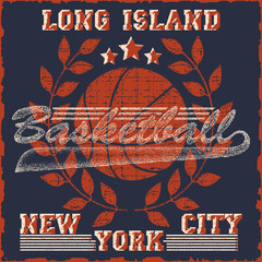 New York Basketball Team t-shirt graphics, american College Championship grunge Emblem, Basket Ball with laurel wreath Sport Athletics typography stamp.