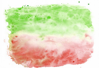 Bright red (crimson) and green (lime green) mixed abstract watercolor background. It's useful for greeting cards, valentines, letters.  Horizontal gradient art style handicraft pattern.