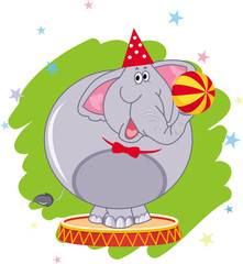 Cartoon elephant standing on circus stand with a ball