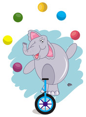 Circus elephant juggling with a colorful ball and riding a unicycle