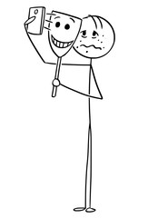 Cartoon stick drawing conceptual illustration of sick, unhappy and unhealthy looking man taking selfie with smiling mask creating illusion of happy and successful life.