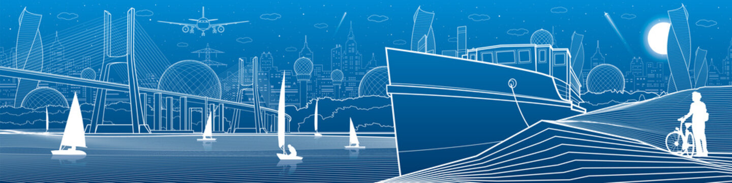 City infrastructure panoramic illustration. Big bridge across the river. Ship landed on sea shore. Sailing yachts on the water. White lines on blue background. Vector design art