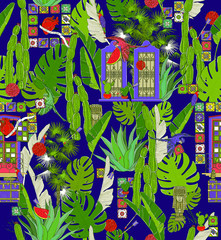 Summer jungle pattern with bright colors. Palm leaves, cactuses, parrots, arrows, azulejos, heart, viva la vida, mexican vibes. Hand draw pattern with jungle perfect for fabric, wallpaper, textile