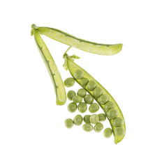 three pods of green peas on isolated white background