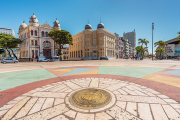 Panoramic view of Architecture in Marco Zero (Ground Zero) Square at Ancient Recife district with...