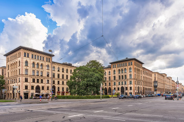 Munich, Germany - June 09, 2018: Urban buildings on Maximilianstrasse street in Munich town. 